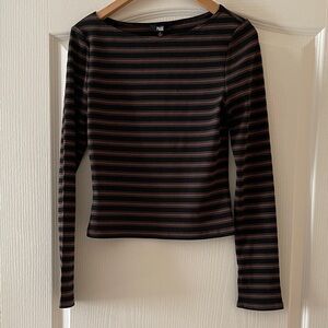 PAIGE Black, brown, gray striped Long-Sleeve Tee , short length , slim fit, M
